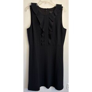 ANN TAYLOR Ruffle Neck Black Sheath Dress Women 14 Sleeveless Knee Length Career